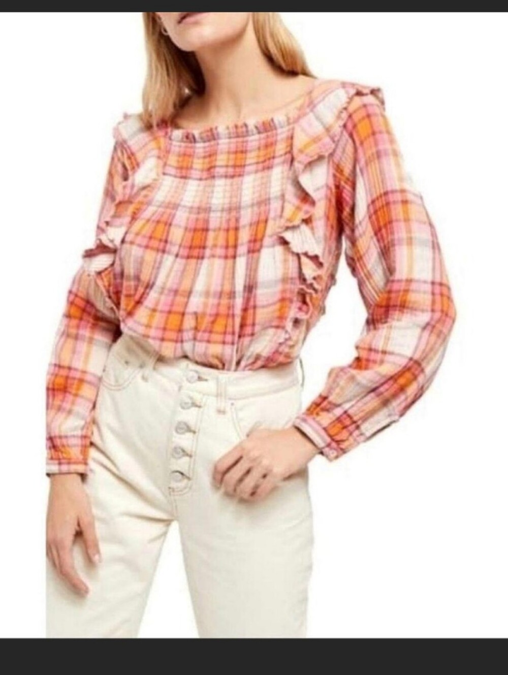 Free People Sienna Plaid Pink Ruffle Top Sz Xl